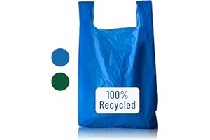 PWgoods 100% Recycled Plastic Carrier Bags - Blue, Jumbo 12 x 18 x 24, Heavy Duty 28mu, 100 Pack, Easy Tie Handles, Takeaway Shopping Retail Grocery Bin Bag