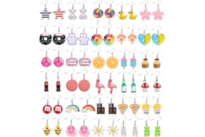BOMOGLE 30 Pairs Weird Fun Cute Earrings for Women Kawaii Earrings Including Flamingo Rainbow Duck Gummy Bear Water Bottle Pizza Fries Mushroom Conch Drop Dangle Earring Set for Girls