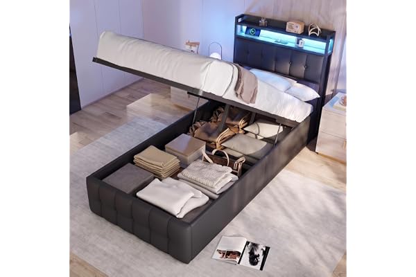 BPKADHY Sängklädsel, 90 x 200 med lagringsutrymme, ungdomssäng, enkelsäng med ribbotten, LED och USB-C, inkl. sänggavel och s