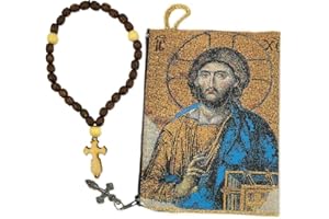 Needzo Jesus Christ Tapestry Icon Rosary Prayer Bead Pouch Case with 33 Knot Wooden Prayer Beads Set