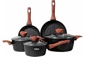 La Moustache - Batteria di Pentole【8 Pezzi】a Induzione in Alluminio con Antiaderente, Set di 3 Casseruola Ø 16/20/24 cm, 3 Coperchi e 2 Padelle Ø 20/24 cm, Manici in Bakelite (Callao)