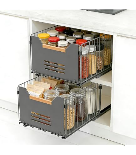 Set 2 Cassetti Estraibili Romon 37,5x24,5x19 Cm Con Maniglie In Legno | Acciaio Carbonio Antiruggine | Guide Silenziose | Per Cucina E Bagno