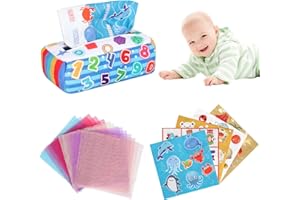 DiiWmme Baby Tissue Box Toy for 6-12 Months, Montessori Sensory Toys with Crinkle Paper and Silk Scarves, Soft Infant Learning Toys for Fine Motor Skills, for Babies 9-18 Months Old (Number)