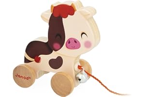 Janod - Vache à Promener en Bois avec Clochette - Jouet d'Eveil à Tirer et Pousser - Apprentissage Motricité & Imagination - Ficelle 50cm adaptée aux petites mains - Certifié FSC - Dès 12 mois, J03324