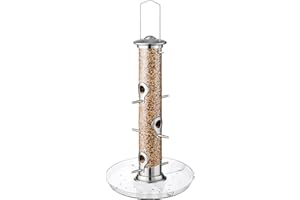 iBorn Distributeur de nourriture pour oiseaux, mangeoire pour cardinal, avec 6 sites d'approche, assiette de 20 cm, mangeoire en aluminium à suspendre, colonne d'alimentation pour oiseaux sauvages,