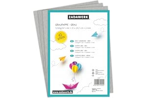 ZADAWERK® Cartón gris - 2 mm - 1230 g/m² - DIN A4-10 piezas de grosor - Cartón para manualidades -construcción de maquetas - Cartón de archivo y inserción - tapa del libro