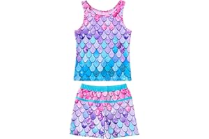 KumSoomliy Girls Swimming Costume Two Pieces Mermaid Swimsuit Sport Sleeveless Swimwear with Boyshort Tankini Bathing Suit Kids Summer Holiday Beach Racer Back Tops Swim Shorts Swimsuit 3-15 Years