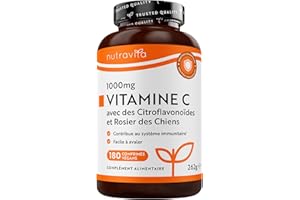 Nutravita Vitamine C 1000mg - Cure de 6 Mois, 180 Comprimés Vegan - Contribue à réduire la Fatigue, au Fonctionnement Normal du Système Immunitaire et à la Formation de Collagene - Vitamin C