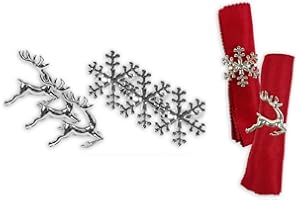 HARVEY & MASON Napkin Rings Set of 6 Silver Napkin Rings Snowflake Reindeer Christmas Lunch Party Tableware Christmas Decorations Napkin Holder