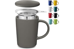 Cosumy Taza de Te con Filtro y Tapa 400ml - Ceramica Antracita - Mantiene Caliente la Infusion - Apto para lavavajillas