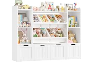 FOREHILL Scaffale per Giocattoli con 4 contenitori su ruote,Libreria Montessoriana per bambini con 6 Contenitori Rimovibili in Plastica,per Camera dei Giochi 140x30x106cm (Bianco)