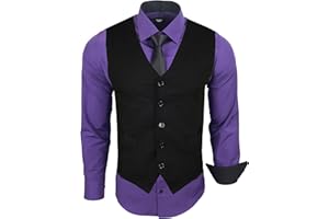 Subliminal Mode - Gilet + Chemise + Cravate Homme Col Bicolore Uni Manches Longues Coupe Ajusté Business Repassage Facile RN33