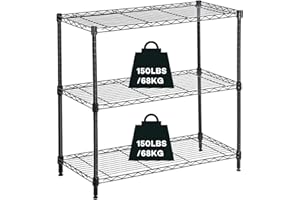 Actask Scaffali in Metallo, Scaffale a 3 Ripiani in Metallica Filo con Piedini di Livellamento Regolabili per Cucina Bagno Garage Dispensa Piante Portaoggetti - 204 KG di Peso Massimo, Nero