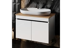 ‎KAREN BANYO Karen Waschtisch mit Unterschrank Venus Weiß | Keramikwaschbecken | Unterschrank | Badmöbel | Aufsatzwaschbecken | Konsolenwaschtisch | Moderner Stil | Badezimmer (Venus 80 mit Konsole Eiche)