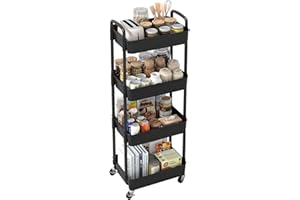 Sywhitta Carrello da cucina a 4 ripiani, multiuso con manico, multifunzione, per ufficio, soggiorno, cucina, nero