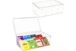Puricon 2 Pack Tea Bag Storage Organiser Clear Tea Box with Lid, Stackable Tea Bag Holder Storage Bin Container with 8 Compartment for Tea Coffee Spices Kitchen Cabinet Pantry Countertop Table -Clear
