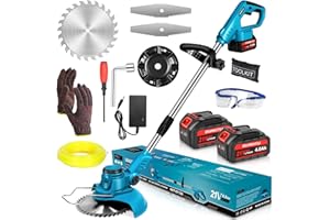 OUMEITU Cordless Strimmer Electric Brushless Grass Trimmers with Blade Garden Strimmers with 2pcs 21V 4.0 Ah Batteries and Fast Charger, 20cm Cutting Width, Brush Cutter for Clearing Weeds Flower Lawn Trees