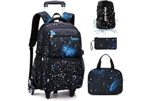 VOICI ET VOILA Set 4 Zaino con Ruote Scuola Zaino Trolley Borsa Scuola Elementare Zaini Bambina Ragazzi Media Zainetti Bambini con Rotelle Valigie Primario Secondario Cielo 30x23x46cm