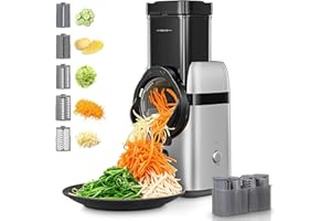 FOHERE 5 in 1 Electric Cheese Grater, Large Feed Chute Electric Grater Vegetable Shredder with Multi Replaceable Blades and Storage Box,Cheese Slicer for Whole Potatoes, Cheese and Nuts