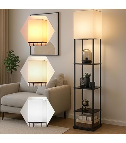 Hiftocraft Modern Floor Lamp with 4 Wooden Shelves, Iron Frame