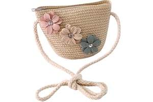 BLOGIIUP Girl Shoulder Bag, Mini Straw Crossbody Bags with Flowers Decoration, Cute Floral Braided Bag for Holiday Kids Children Travel Camping (Beige)