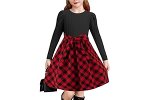 Arshiner Vestidos de Manga Larga abullonados para niña, Punto Acanalado, Patchwork de Cuadros, Princesa Informal, Vestido Formal, Vestidos de otoño Invierno con Bolsillos para niña, 4-14 años