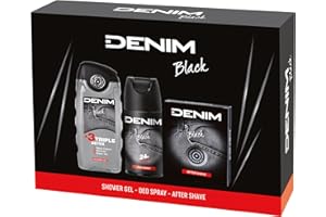 Denim - Regalo Uomo, After Shave Dopobarba 100 ml, Docciaschiuma 250 ml e Deodorante Spray 150 ml, Fragranza Black, Azione Lenitiva ed Emolliente