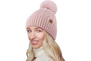 BLURBE Winter Hats for Women - Warm Knitted Bobble Hat Fleece Lined Thermal Beanie Hats Ladies Soft Ski Cuff Cap with Pom Pom
