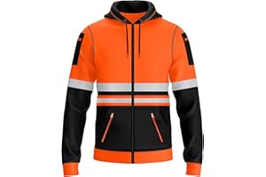trending babz New Mens Hi Vis Hoodie Safety Work Sweatshirt Reflective Tape High Viz Hoodie High Visibility Pullover Sweatshirt Top Multi Zipped Pockets S/2XL
