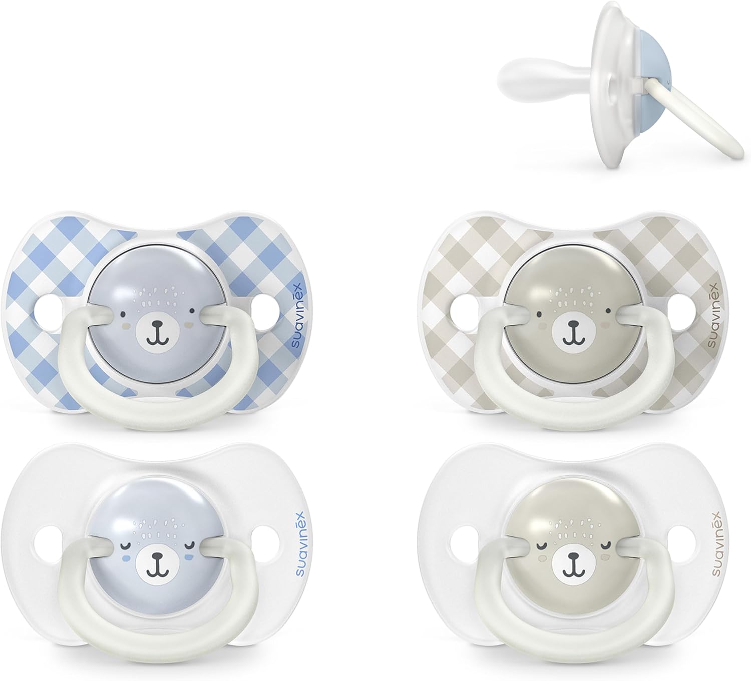 Suavinex, Pack de 4 Chupetes que Brillan en la Oscuridad, Bebés 0/6 Meses y Recién Nacidos, para Dormir, con Anilla Fluorescente y Tetina Fisiológica SX Pro de Silicona, Plana y Flexible, Azul