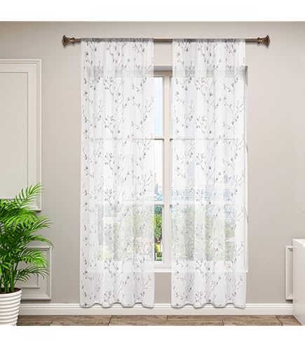 MYSKY HOME Gordijn van kant Bloemen Bestikte kantgordijnen, gordijnen met ruches Transparante gordijnen 2-delig, Moderne kantgordijnen voor woonkamer slaapkamer, Helder geel, H 175 x B 140 cm