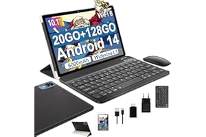 FEZAWIO Tablette 10 Pouces Tablette Android 14 tablette tactile 20GO RAM + 128GO ROM (1tb TF) Widevine L1/ 5GWiFi 6/ Bluetooth 5.0/Octa-Core Tablette avec Clavier et Souris + Assurance écran d'un an -Noir