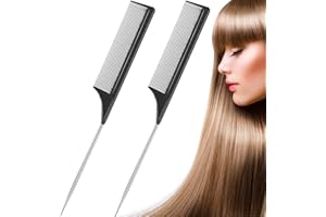ROTOPATA 2 Stück Stielkamm Toupierkamm für Friseur, Stilkamm Hair Kamm mit Langem Metall Stiel, Hitzebeständig Carbon Faser Stabkamm Haarkamm