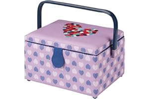 Sewing Online Medium Sewing Box,Purple Fabric with an Embroidered Button Heart Lid | 26 x 18 x 15cm | Storage & Organiser Basket with Compartments for Sewing Supplies/Accessories - GA1113M