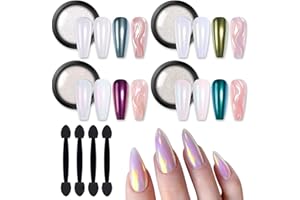 BORN PRETTY 4 Polvere per Unghie Cromate, Effetto Specchio Metallico Unghie, Pigmento Iridescente Sirena Perla Aurora Polvere per Unghie Kit Polvere di Glitter per Gel Nail Art Decorazione