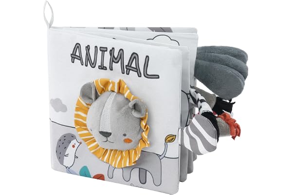 Vicloon Livre Tissu Bébé Eveil,Jouet Educatif Enfant Idée Cadeau Dès la Naissance, Livre Doux Froissé avec des Animaux (lion)