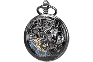 ManChDa Montre gousset unisexe avec chaîne à remontage manuel - Double charnière - Style antique - Dragon et squelette - Bronze