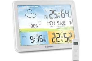 Kalawen Wireless Weather Station with Outdoor Sensor Digital Colour Display DCF Radio Clock Indoor and Outdoor Weather Station Thermometer Hygrometer Wireless Weather Station with Weather Forecast