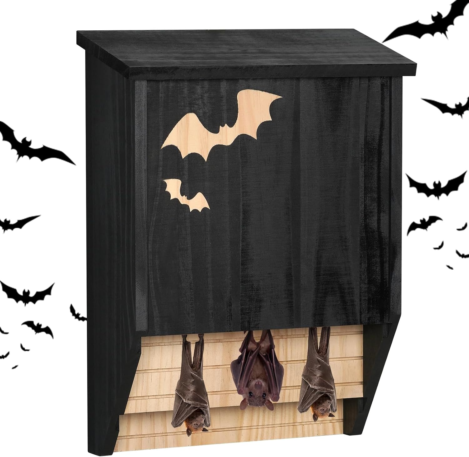 Caja para murciélagos de madera, doble cámara, resistente a la intemperie, casa de murciélagos y nido, listo para montar, caja de refugio para murciélagos en verano e hibernación, color negro