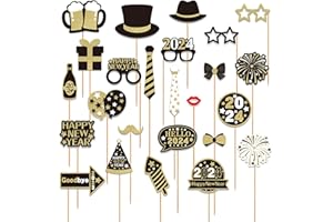 FALAFOTY 2024 Neujahr Foto Requisiten Schwarz Gold Silvester Photo Booth Props Party Dekoration Hut Brille Selfie Requisiten Accessoires für Erwachsene Kinder Silvester Party Zubehör Dekoration (25PCS)