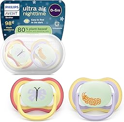 Philips Avent Ultra Air Nighttime Pacifier - Orthodontic Shaped Design for Babies 0-6 Months, Glow in the Dark, Soft, Symmetrical Silicone Teat, BPA Free, Pack of 2, SCF376/25