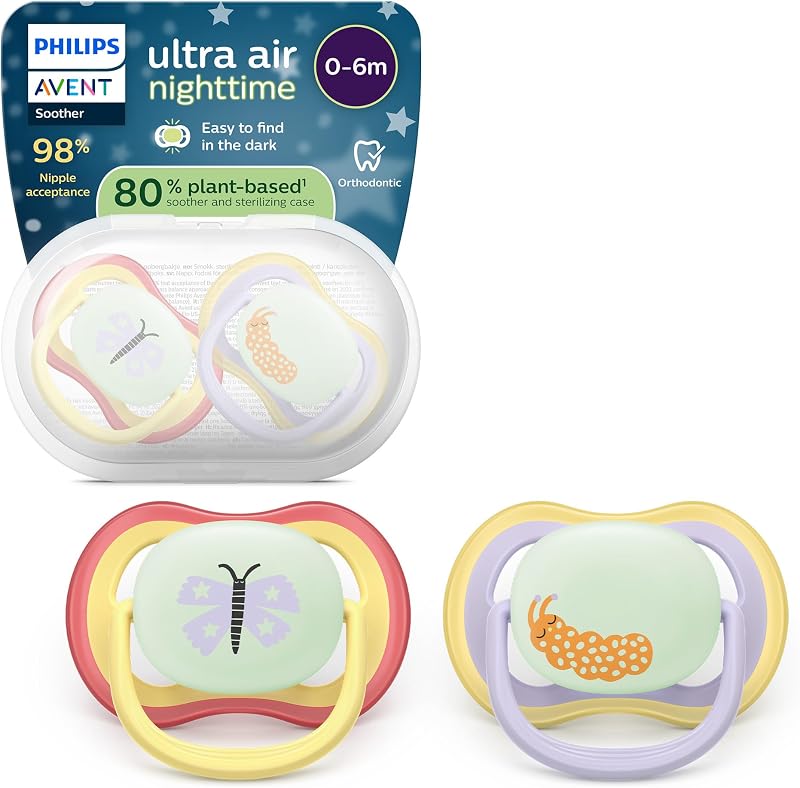 Philips Avent Ultra Air Nighttime Pacifier - Orthodontic Shaped Design for Babies 0-6 Months, Glow in the Dark, Soft, Symmetrical Silicone Teat, BPA Free, Pack of 2, SCF376/25