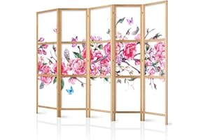 decomonkey 5 Panelli Paravento - 225 x 171cm Fiori bianchi Divisorio Separè per la separazione degli ambienti la casa l'ufficio la spa