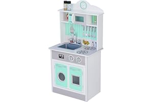 Teamson Kids Little Chef Madrid Classic Interactive Wooden Play Kitchen with Sink, Oven, Microwave and Storage Space for Easy Clean Up, Grey with Mint Accents