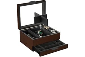 CASE ELEGANCE Caja organizadora de reloj con 8 ranuras para hombres, acabado de madera de cerezo y nogal, caja de exhibición de reloj, bandeja de valet modular, marrón