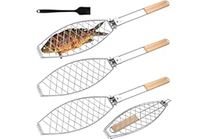 GBKDQQ 3 x arrosti per pesce, in acciaio inox, con manico in legno, 62 x 12 cm, per grigliare, barbecue, pieghevole, pinza portatile, colore: argento