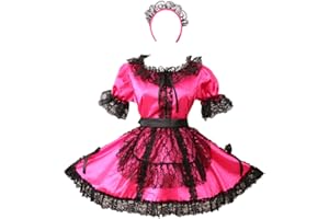 Gocebaby Women Sissy Maid Lockable Rose Red Satin Dress Uniform Costume