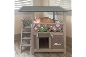 Aivituvin Feral Cat House Outdoor and Indoor Kitty Shelter with Stairs for Cats Insulated, Weatherproof Roof for Winter (Grey, L-2 Level)