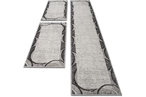 ‎OKU-TEX oKu-Tex Bettumrandung Set 3-teilig [67x340 cm | 2 mal 67x140 cm] Creme Bettvorleger - weicher Kurzflor pflegeleicht - Teppich Schlafzimmer - Modernes Wellen Design geometrisch - Deutsche Marke