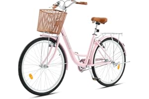 Viribus 26 Inch Vintage Ladies Bike with Basket, Dutch Style City Bicycle with Carbon Steel Frame, Dual V Brakes, Single Speed Women's Comfort Bike with Adjustable Seat and Handlebars